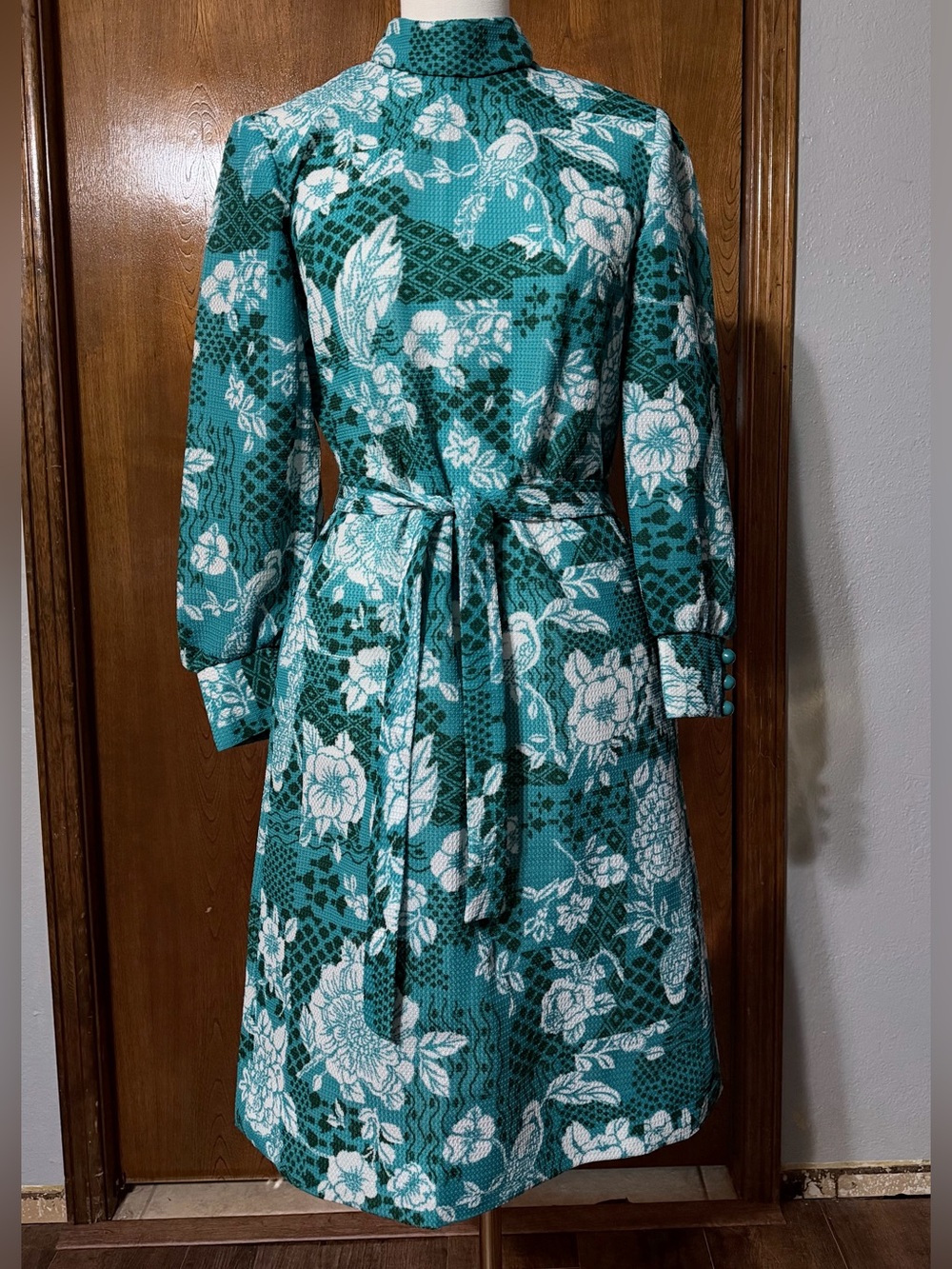 Teal Vintage 1960s Floral Long-Sleeve Tie-Waist Mini Dress S